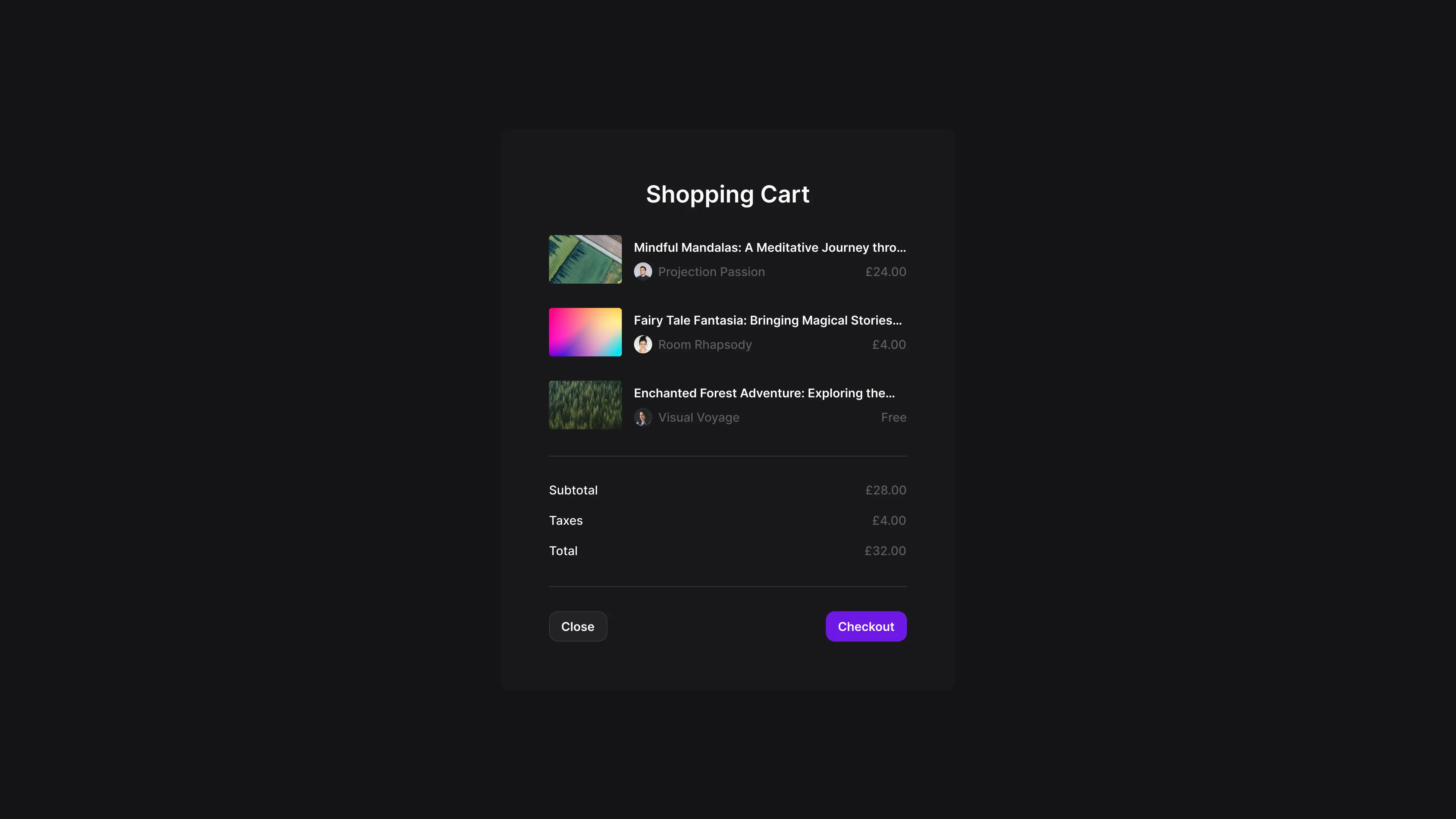 Shopping cart page showing selected items and overall totals