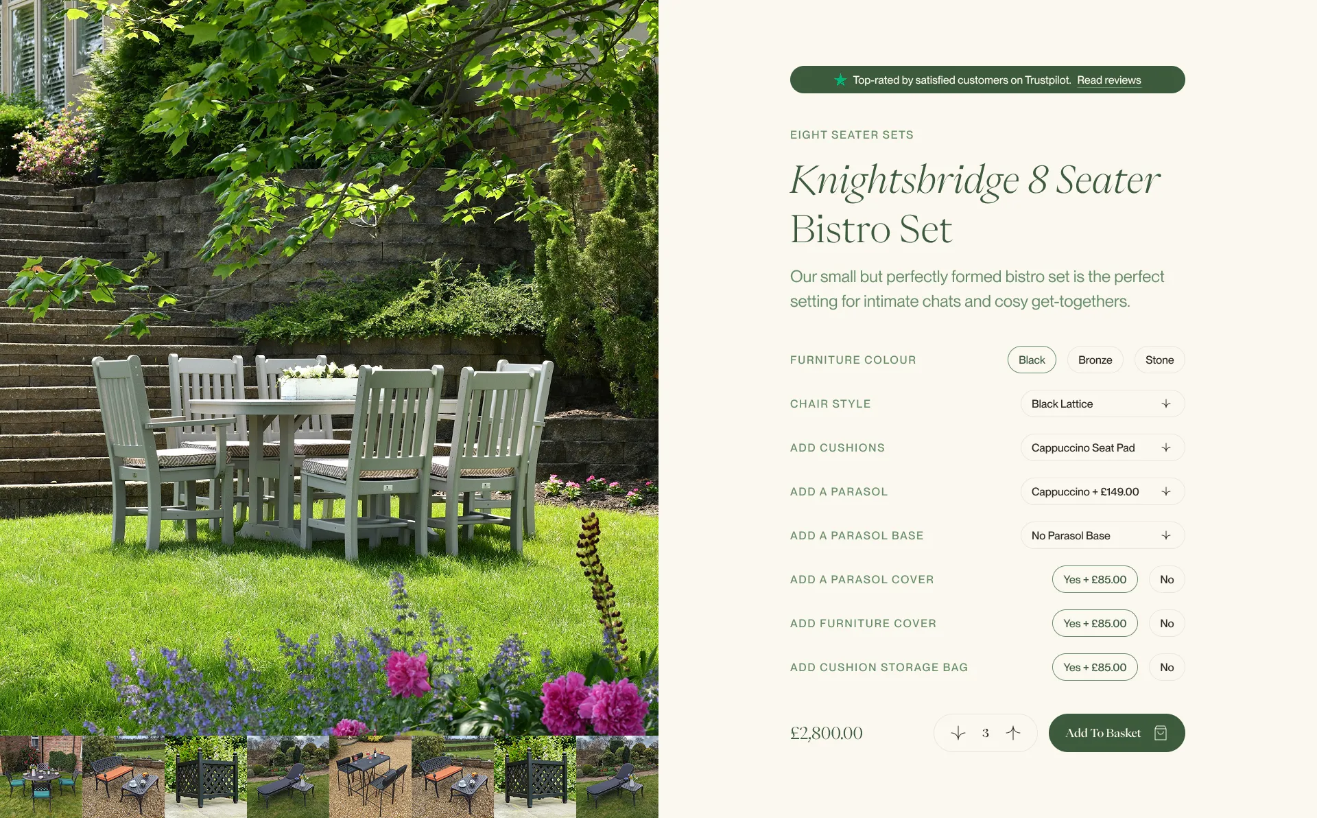 A design for four seasons showing an outdoor furniture configurator displaying a wooden table and chairs on a lawn, with customisation options shown in a clean interface.