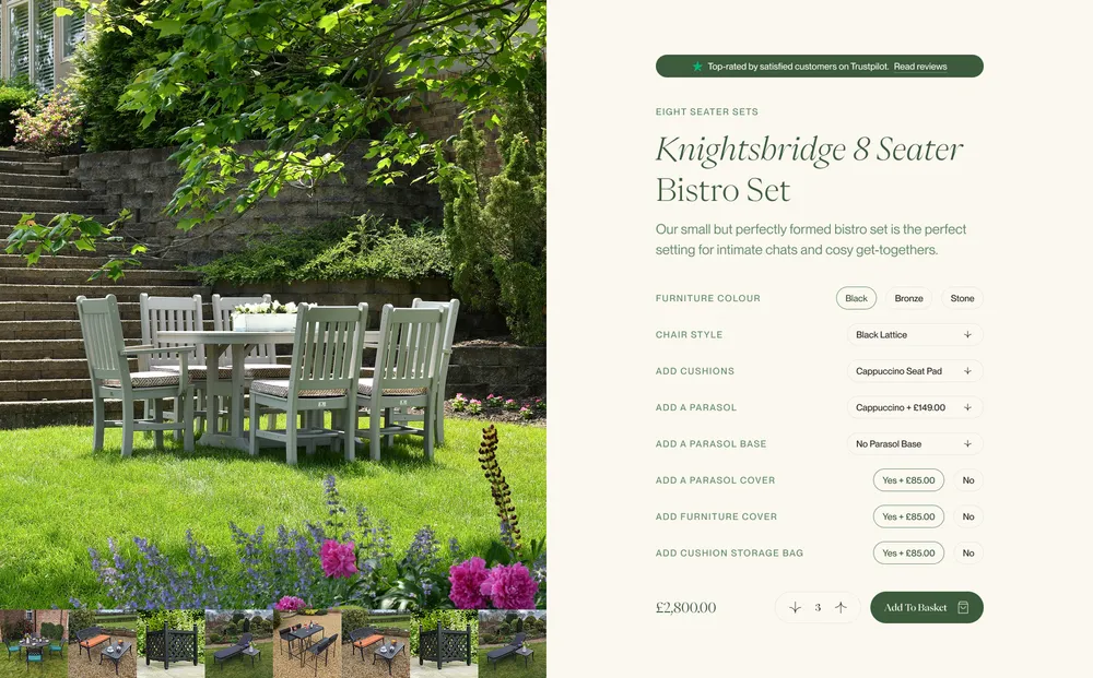A screenshot of the product configuration section, including option images and an 'Add to Basket' button