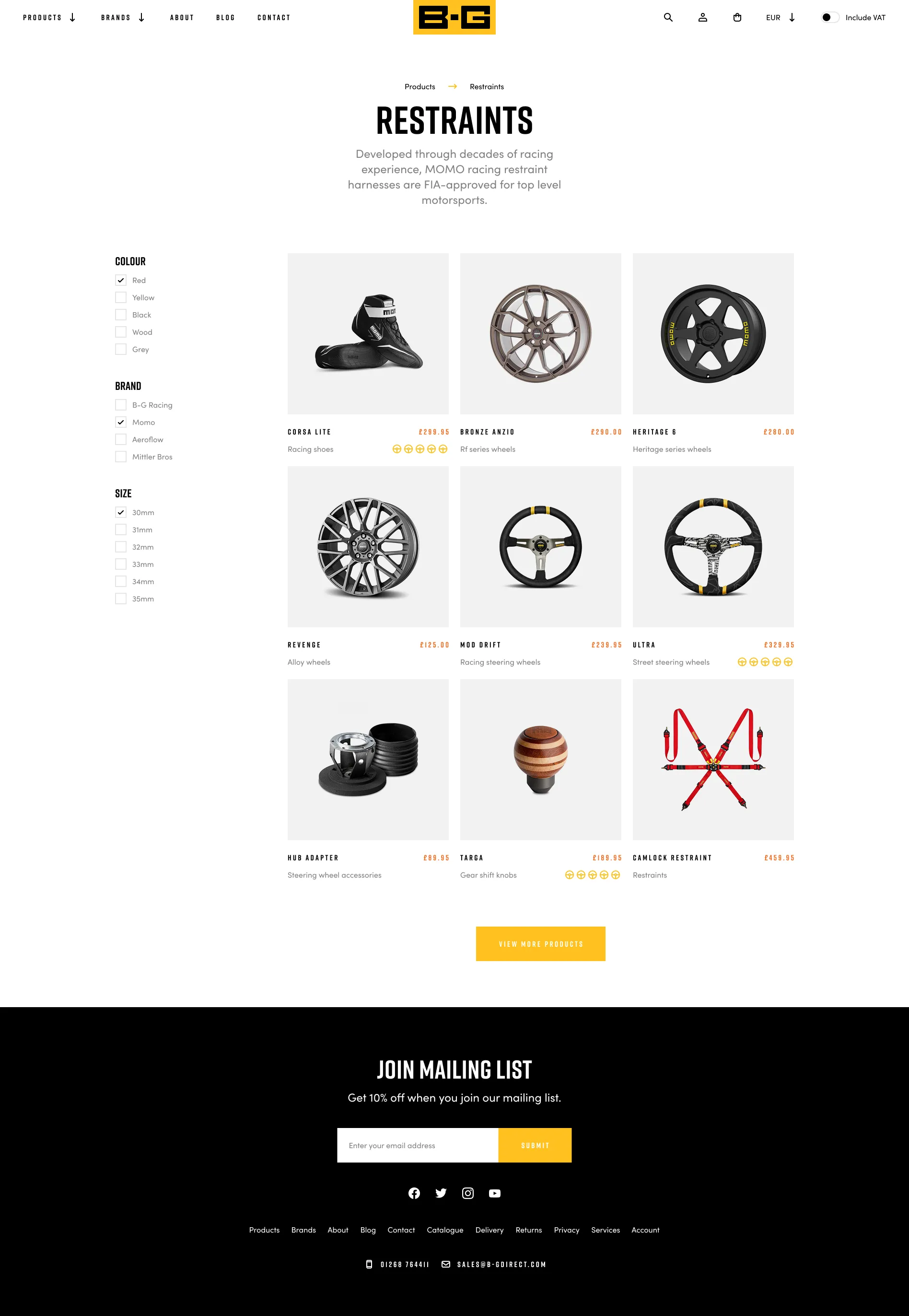 A design for Brown and Geeson category page for racing restraints and accessories, showing a 3-column grid of products including racing shoes, alloy wheels, steering wheels, gear shift knobs, and racing harnesses, with filter options on the left and a mailing list signup at the bottom.