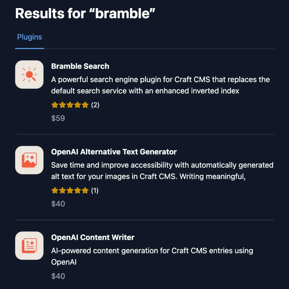 An overview of the three plugins on the Craft CMS website with search terms 'Bramble', listing Bramble search, Open AI alternative text generator and Open AI Content Writer
