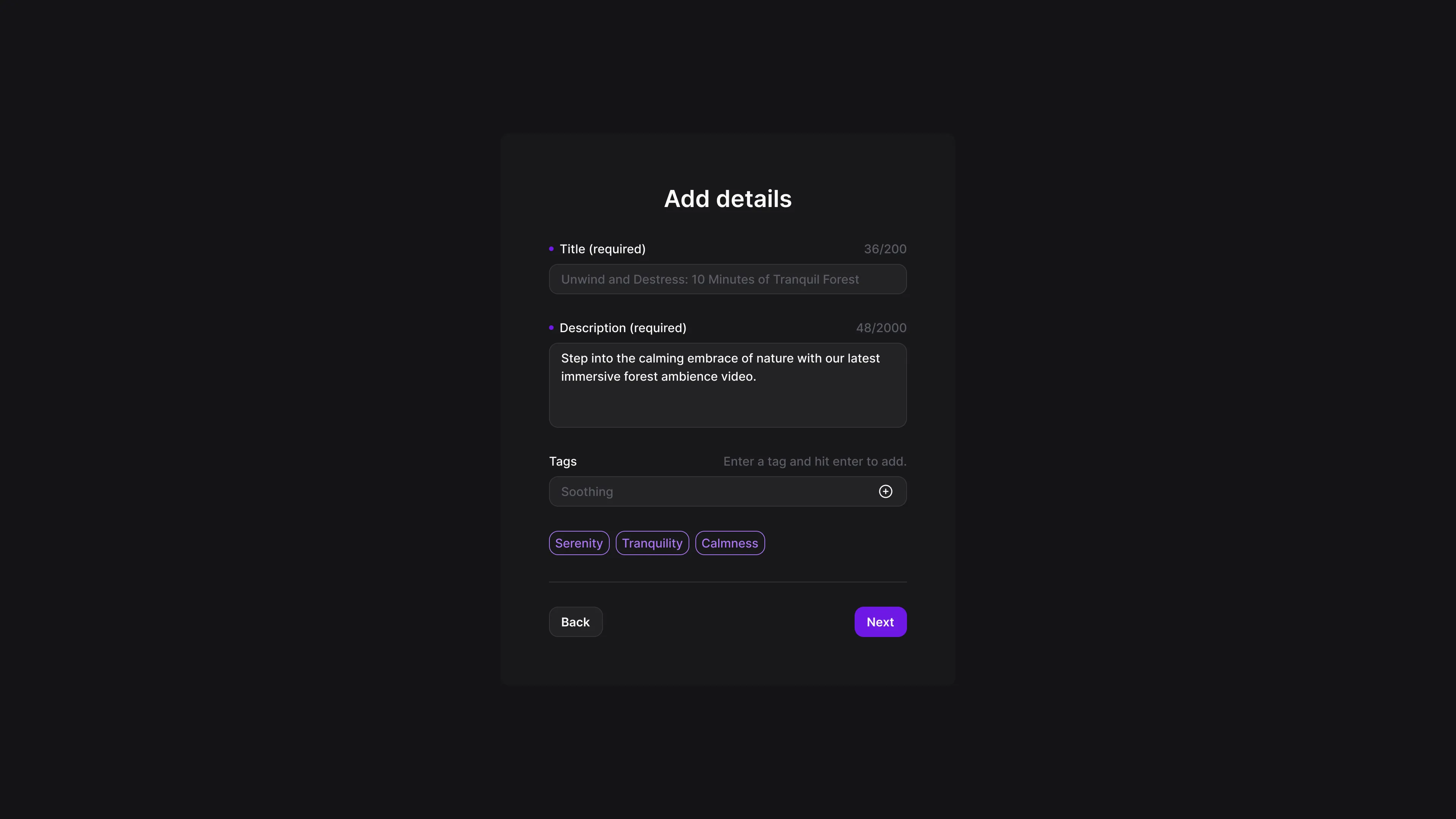 Step 2 of upload showing where you can add details about your immersive room
